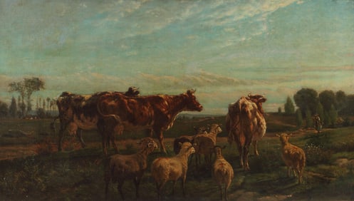 HENRY COLLINS BISPHAM (1841-1882) PASTORAL PAINTING GRAZING CATTLE
