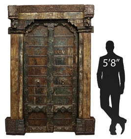 ARCHITECTURAL BRITISH COLONIAL CARVED & POLYCHROMED DOOR SET, 98"H