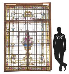LARGE ARCHITECTURAL STAINED & LEADED GLASS WINDOW
