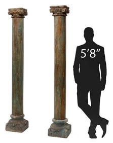 (2) ARCHITECTURAL CARVED TEAKWOOD & SANDSTONE COLUMNS, 85"H