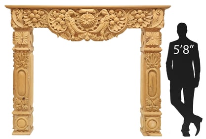 MONUMENTAL ARCHITECTURAL CARVED PINE FIREPLACE MANTEL, MEXICO, 80"H