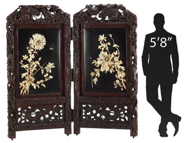 JAPANESE MEIJI-ERA LACQUERED & CARVED TWO-FOLD SCREEN, 72"H