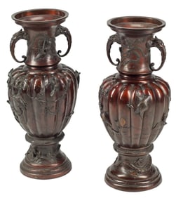 (2) LARGE JAPANESE MEIJI-ERA BRONZE LOBED VASES, 27.5"H
