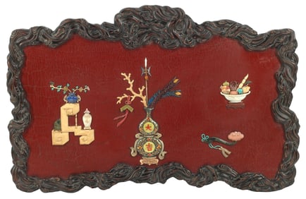 CHINESE HARDSTONE-INLAID RED-LACQUERED WALL PANEL, 28" X 46"