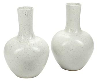 (2) LARGE CHINESE SPECKLED WHITE-GLAZED BOTTLE VASES, 30"H