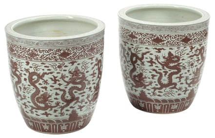 (2) CHINESE IRON RED PORCELAIN DRAGON JARDINIERES/ PLANTERS