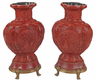 (2) LARGE DECORATIVE CHINESE RED COMPOSITE VASES ON STANDS, 27.5"H