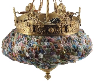 BRONZE DORE & COLORED GLASS 5-LIGHT HANGING CHANDELIER