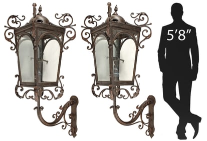(2) MONUMENTAL WROUGHT IRON LANTERNS ON BRACKETS, 68"H