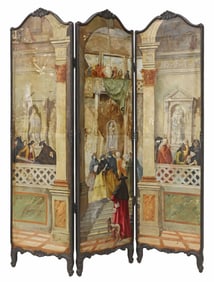 VENETIAN PAINTED CANVAS THREE-PANEL FLOOR SCREEN