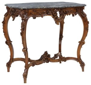 LOUIS XV STYLE MARBLE-TOP CARVED WALNUT SIDE TABLE