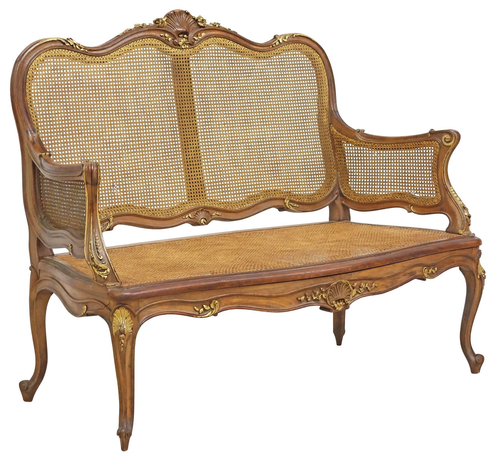 FRENCH LOUIS XV STYLE PARCEL GILT CANED WALNUT SALON SETTEE (1 of 4)