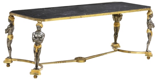 FRENCH MARBLE-TOP FIGURAL GILT METAL COFFEE TABLE