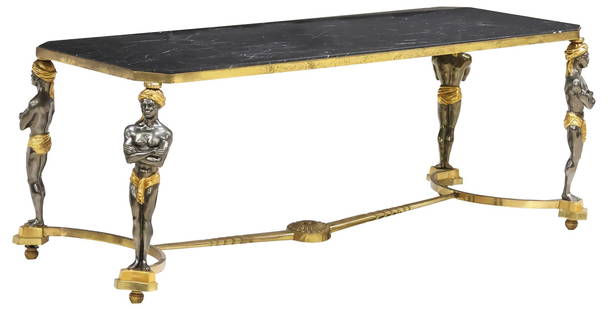 FRENCH MARBLE-TOP FIGURAL GILT METAL COFFEE TABLE: French gilt metal coffee table, 20th c., having inset marble top with canted corners, rising on cast supports modeled as Orientalist male figures, joined by curved H stretcher, approx 19"h, 49.5&