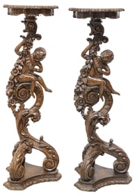 (2) ITALIAN ROCOCO STYLE CARVED WOOD FIGURAL CHERUB PEDESTALS