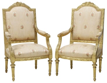 (2) FRENCH LOUIS XVI STYLE UPHOLSTERED GILTWOOD FAUTEUILS