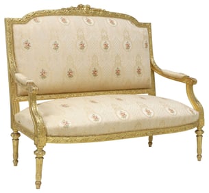 FRENCH LOUIS XVI STYLE UPHOLSTERED GILTWOOD SALON SETTEE