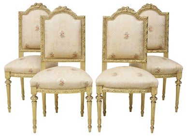 (4) FRENCH LOUIS XVI STYLE UPHOLSTERED GILTWOOD SIDE CHAIRS