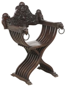 ITALIAN RENAISSANCE REVIVAL CARVED WALNUT SAVONAROLA ARMCHAIR