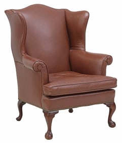 CHIPPENDALE STYLE BROWN LEATHER UPHOLSTERED WINGBACK CHAIR
