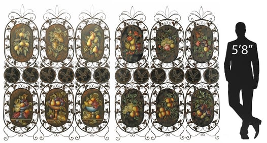 CONTINENTAL TOLE-PEINTE & WROUGHT IRON 6-PANEL SCREEN, 75"H