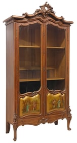 FRENCH LOUIS XV VERNIS MARTIN STYLE CARVED WALNUT BOOKCASE