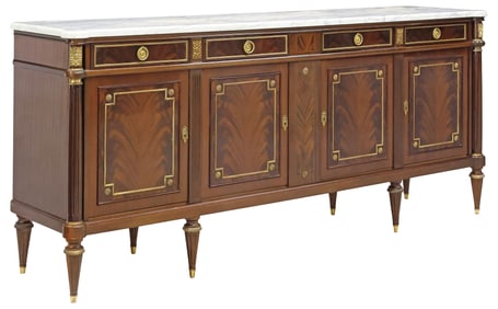 FRENCH LOUIS XVI STYLE MARBLE-TOP FLAME MAHOGANY SIDEBOARD
