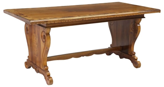 ITALIAN RENAISSANCE REVIVAL CARVED WALNUT INLAID EXTENSION TABLE, 100.5"L