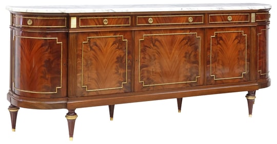 FRENCH LOUIS XVI STYLE MARBLE-TOP FLAME MAHOGANY SIDEBOARD