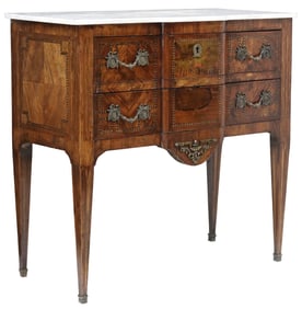 FRENCH TRANSITIONAL STYLE MARBLE-TOP INLAID BREAKFRONT COMMODE