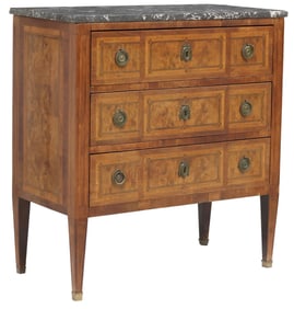 ITALIAN NEOCLASSICAL MARBLE-TOP BURLWOOD & PARQUETRY COMMODE