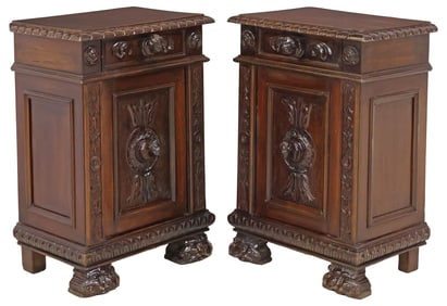 (2) ITALIAN RENAISSANCE REVIVAL FIGURAL CARVED WALNUT NIGHTSTANDS