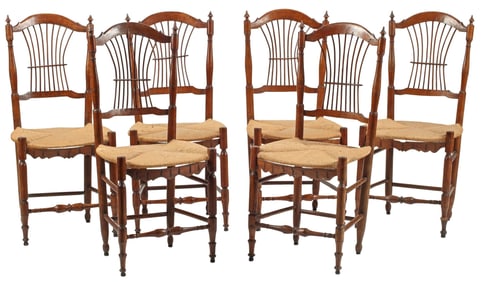 (6) PROVINCIAL RUSH-SEAT SPINDLED 'WHEAT SHEAF' DINING CHAIRS