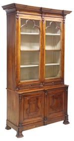 VICTORIAN GOTHIC REVIVAL CARVED & GLAZED BOOKCASE, 95.5"H