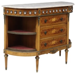LOUIS XVI STYLE MARBLE-TOP INLAID & PORCELAIN- MOUNTED DEMILUNE SIDEBOARD