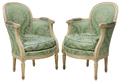 (2) FRENCH LOUIS XVI STYLE SILK-UPHOLSTERED & PAINTED BERGERES