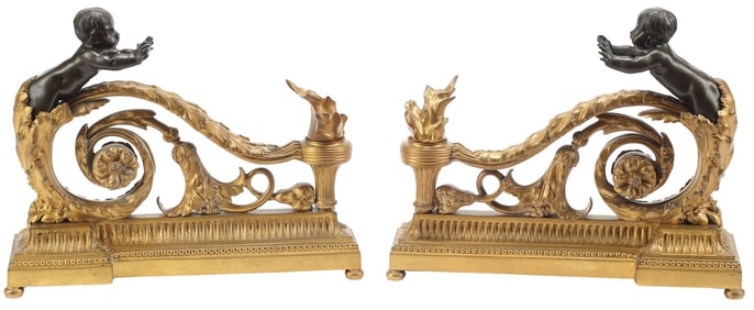 (2) FRENCH LOUIS XVI STYLE ORMOLU & PATINATED BRONZE CHERUB CHENETS