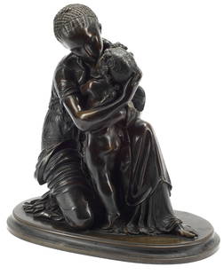 FRENCH NEOCLASSICAL PATINATED BRONZE SCULPTURE VENUS & CUPID: French patinated bronze sculpture, Venus embracing Cupid, signed in cast Moreau Scpteur., approx 16"h, 15"w, 7"d, 27.5lbs