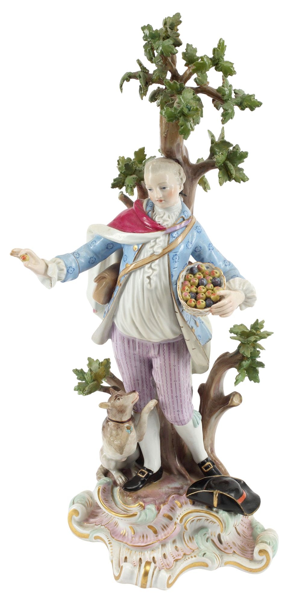 MEISSEN PORCELAIN FIGURE OF A SHEPHERD & DOG: Meissen porcelain figure, 19th c., after the model by E.A. Leuteritz (Ernst August Leuteritz, German, 1818-1893), shepherd with basket of fruit and dog, standing before a tree, on a rocaille