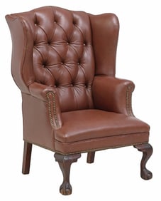 CHIPPENDALE STYLE BUTTON-TUFTED BROWN LEATHER WINGBACK CHAIR