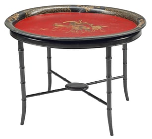ENGLISH LACQUERED PAPIER-MACHE TRAY ON STAND