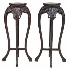 (2) CHINESE MARBLE-INSET HARDWOOD PEDESTALS PLANT STANDS