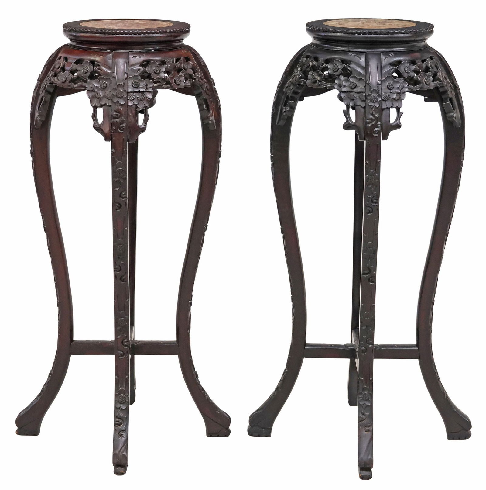 (2) CHINESE MARBLE-INSET HARDWOOD PEDESTALS PLANT STANDS (1 of 4)