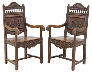 (2) FRENCH BRETON FIGURAL CARVED OAK ARMCHAIRS