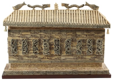 CHINESE BONE-TILED ARCHITECTURAL TEMPLE MODEL ON BASE, 17"H
