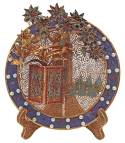 CHINESE ENAMELED & JEWELED GILT-METAL FILIGREE CHARGER ON STAND