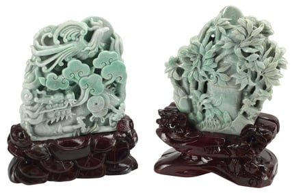 (2) CHINESE BURMESE JADE CARVINGS ON WOOD BASES