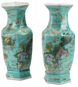 (2) CHINESE TURQUOISE-GROUND PORCELAIN HEXAGONAL VASES