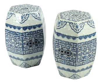 (2) CHINESE BLUE & WHITE PORCELAIN HEXAGONAL GARDEN SEATS