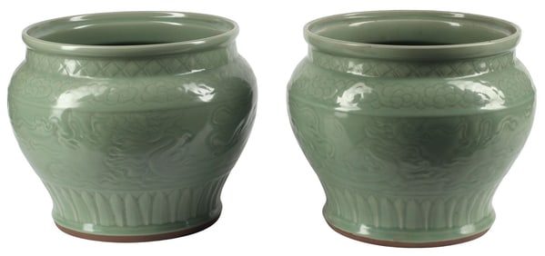(2) CHINESE CELADON-GLAZED PLANTERS